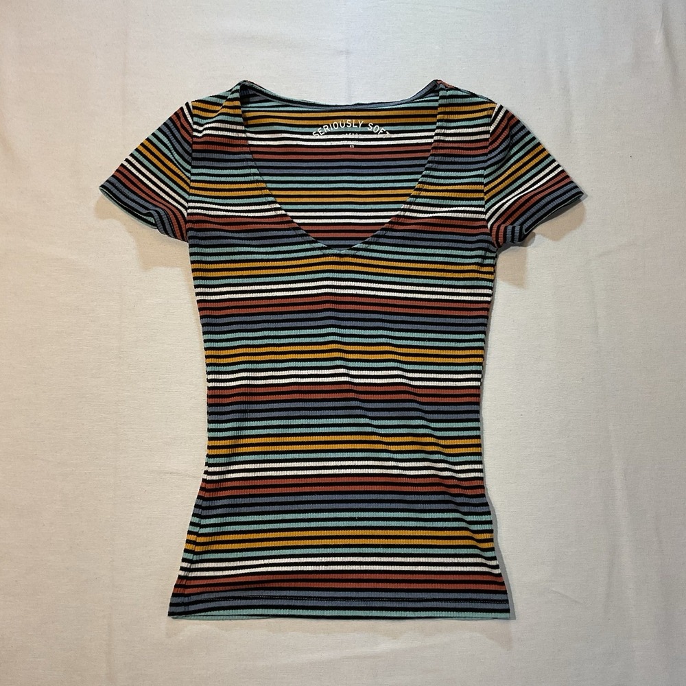 Seriously Soft by Aero Colorful Striped Soft XS V-Neck Fitted Short Sleeve Shirt